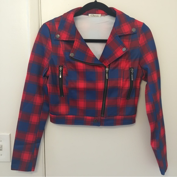 NWOT Dolls Kill Red and Blue Plaid Moto Jacket - Picture 1 of 3